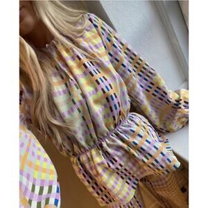 Stine Goya Karin Plaid Balloon Sleeve Top Shirt Blouse Techno Check Size XS